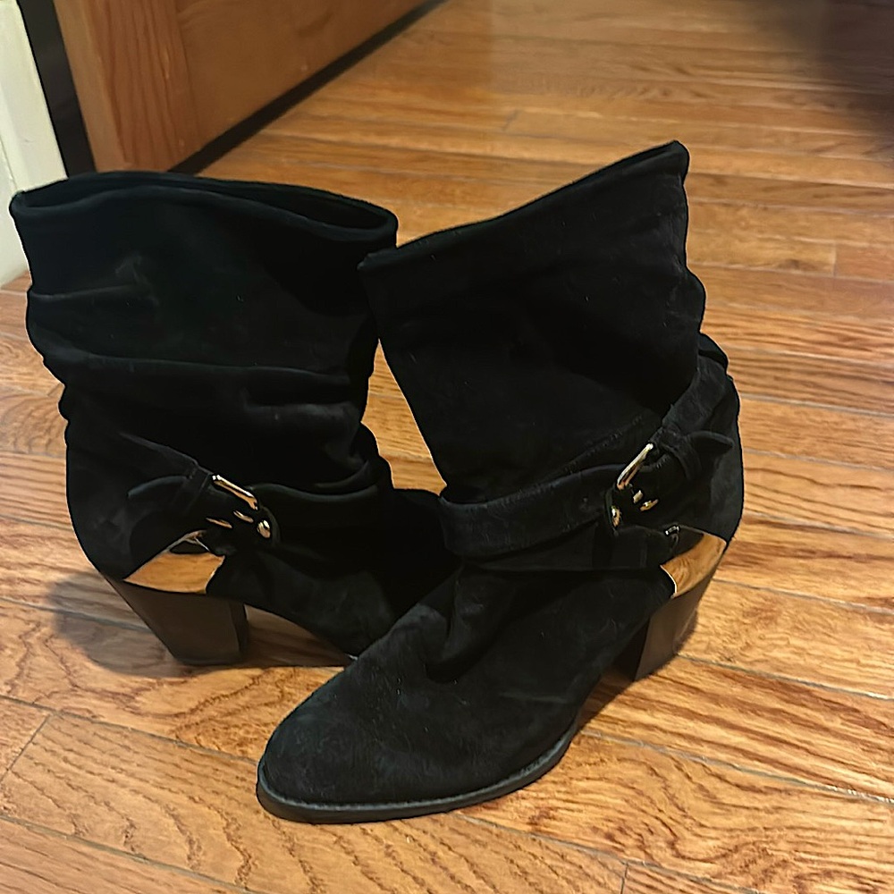 Stuart Weitzman black suede slouch boot with gold hardware